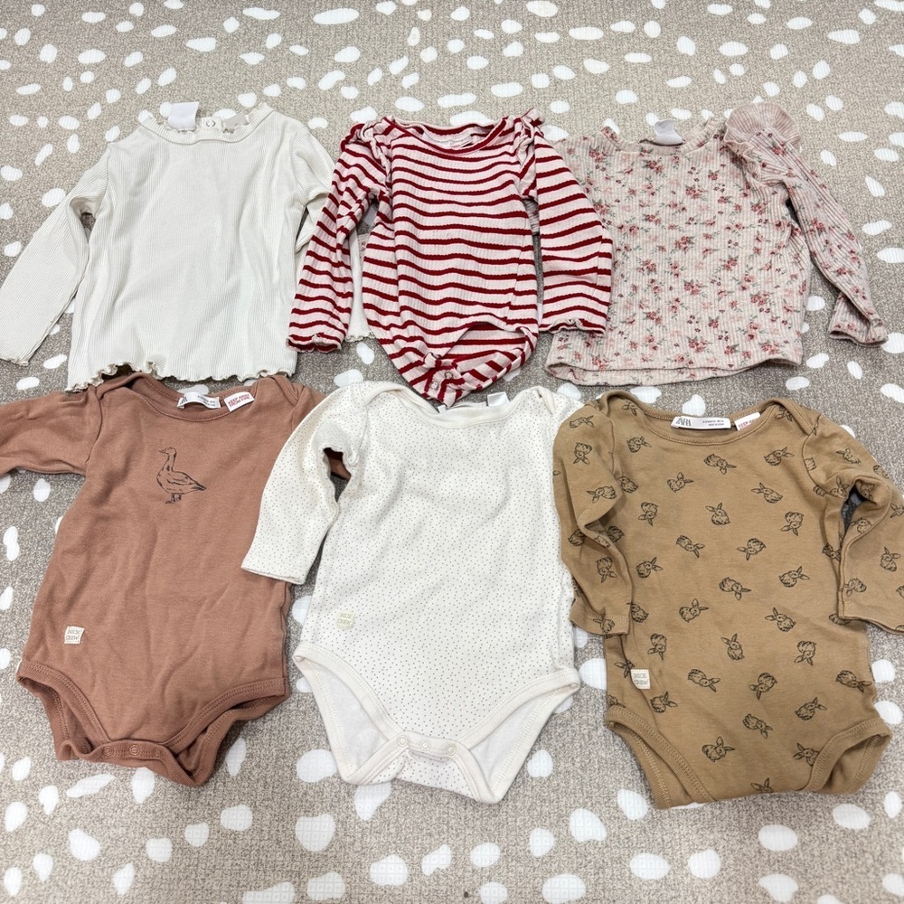 Lot of 6 Zara Kids onesie long sleeve ruffle floral baby girl beige ribbed top